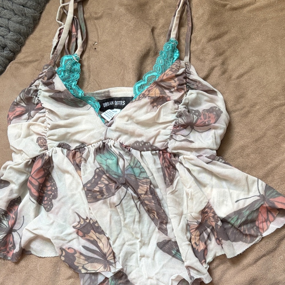 Urban Outfitters Cream Butterfly Print Cami with Teal Lace Trim